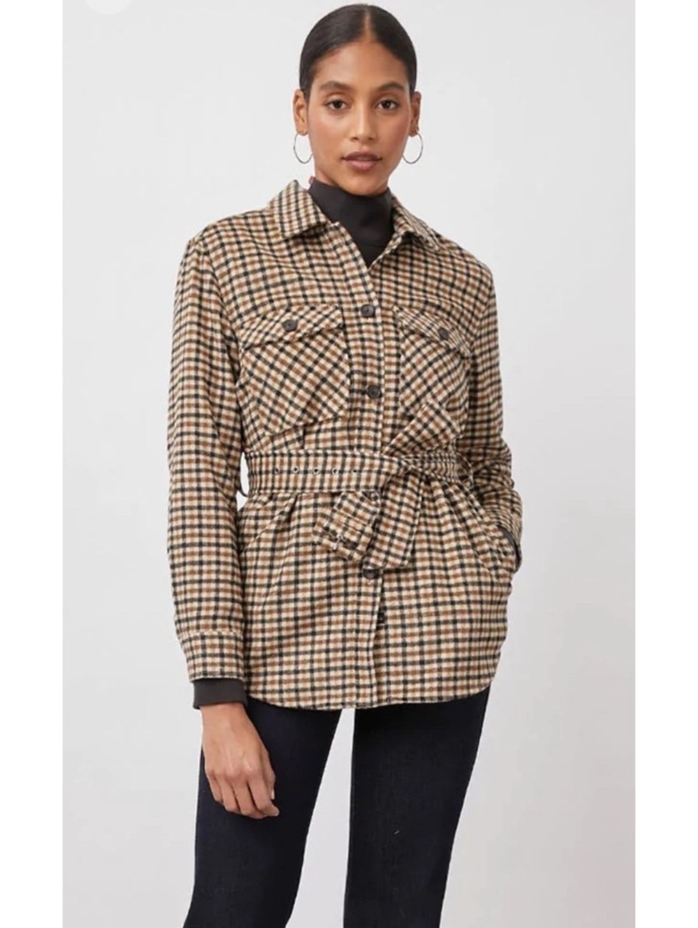 Excellent Rails Rhodes Belted Check Black and Brown Plaid Shacket fall M